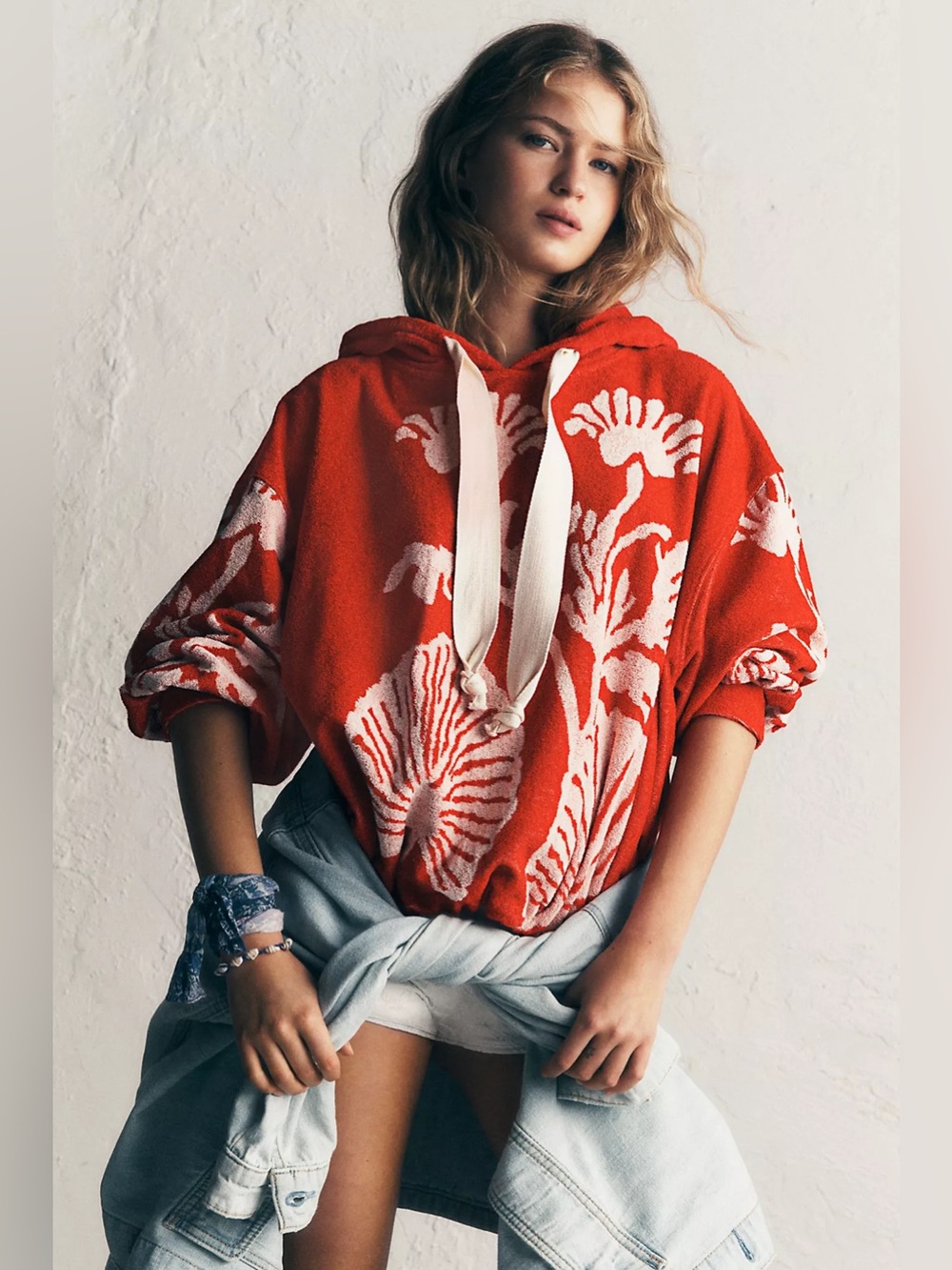 Free People Shell Baby Hoodie Red and White Oversized size Small NWT $168